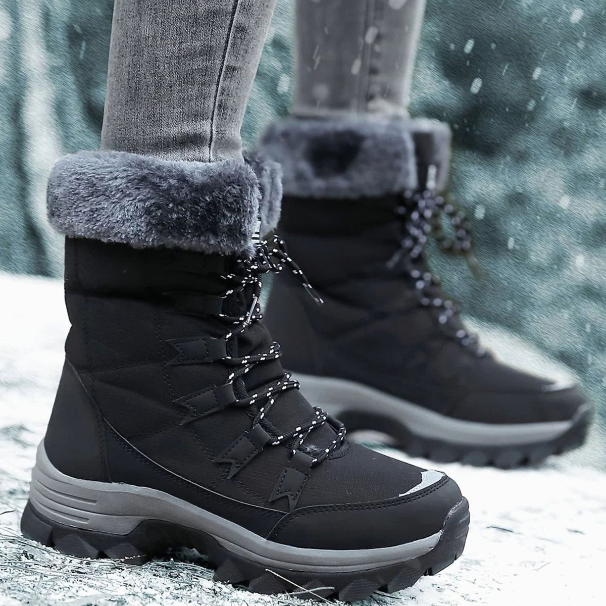 Women's Faux Fur Lined Lace-Up Mid-Calf Snow Boots - Black