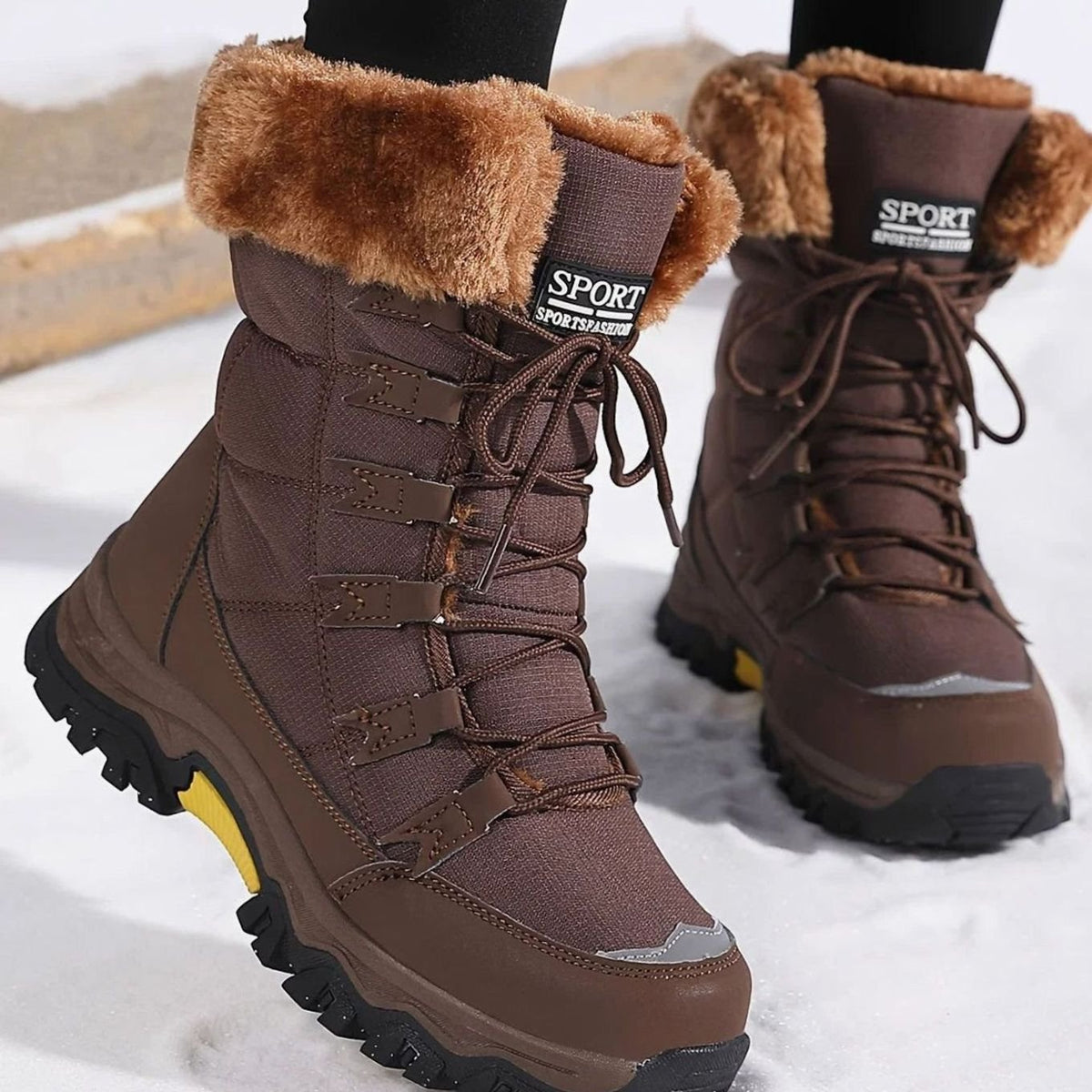 Women's Faux Fur Lined Lace-Up Mid-Calf Snow Boots - Brown