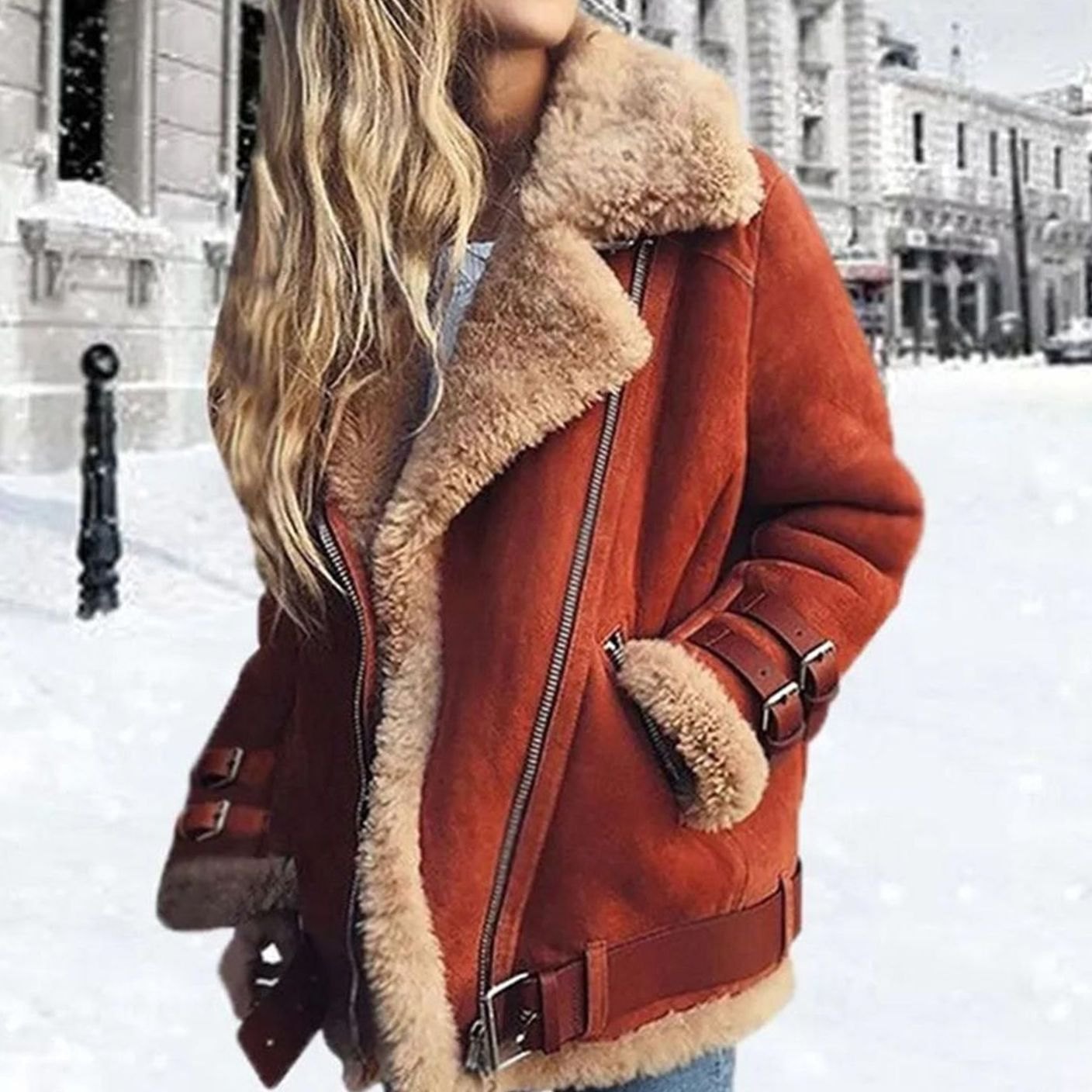 Women's Faux Fur Lined Suede Moto Jacket Buckle Detail - Orange