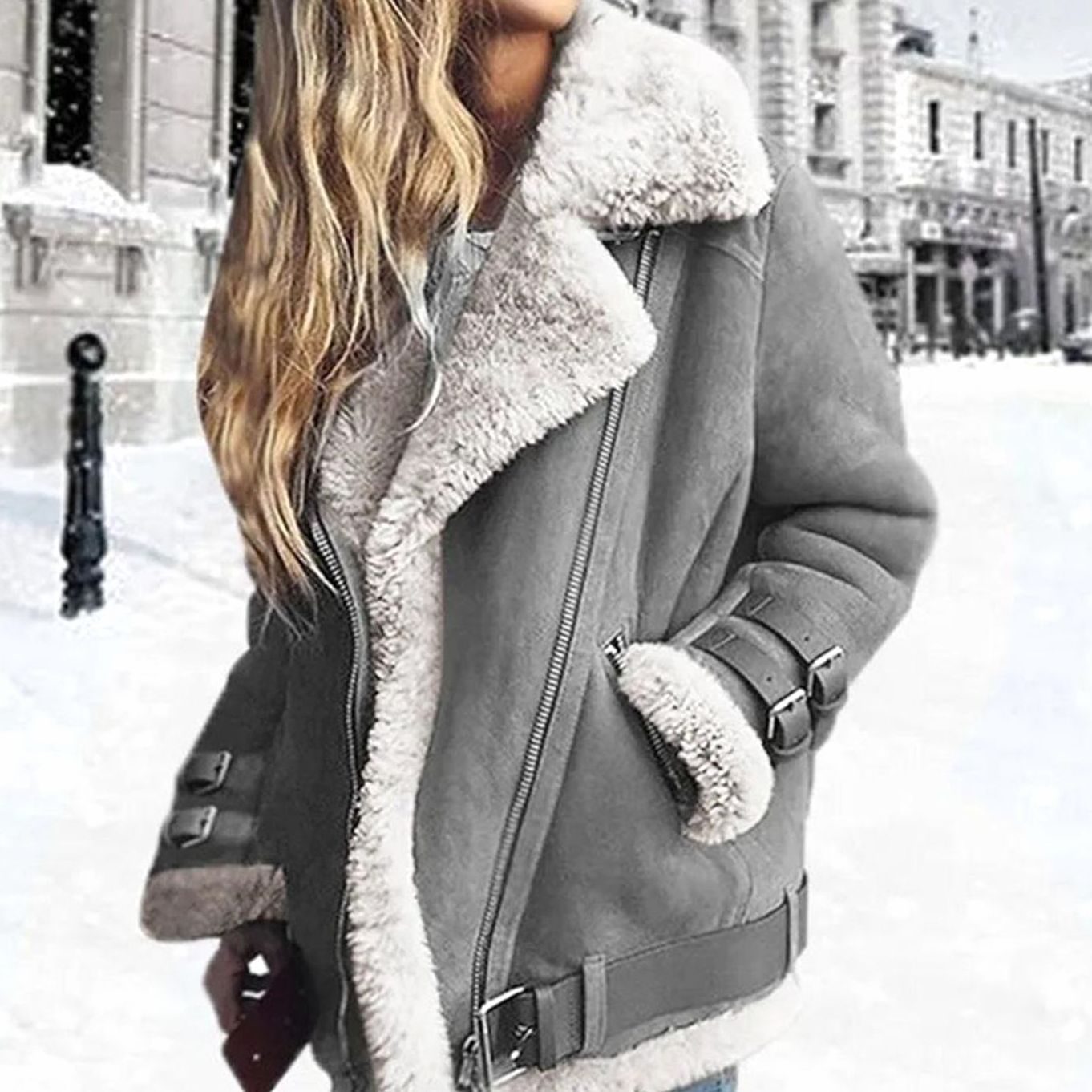 Women's Faux Fur Lined Suede Moto Jacket Buckle Detail - Grey