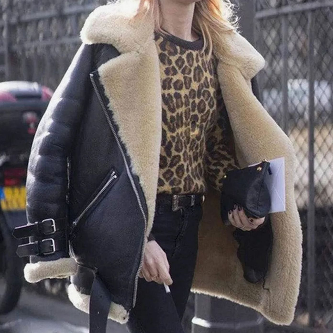 Women's Faux Fur Lined Suede Moto Jacket Buckle Detail - Black