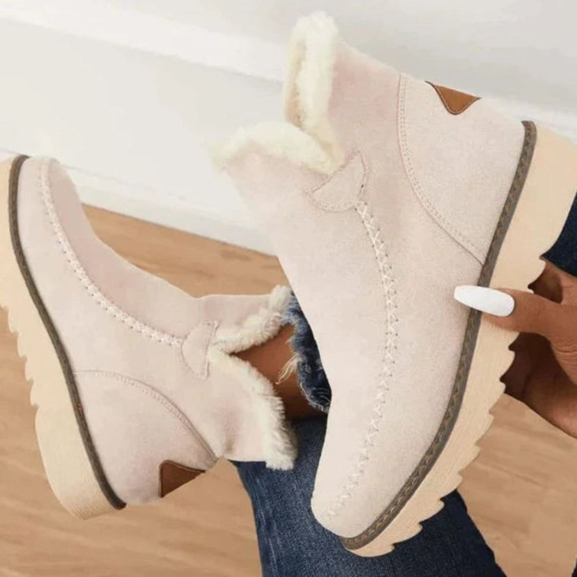 Women's Faux-Fur Lined Warm Slip-On Ankle Boots - Beige