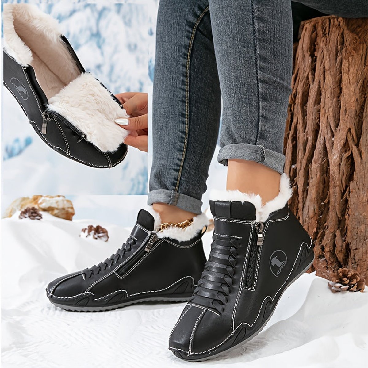 Women's Faux-Fur Lined Zip-Up Winter Ankle Boots - Black
