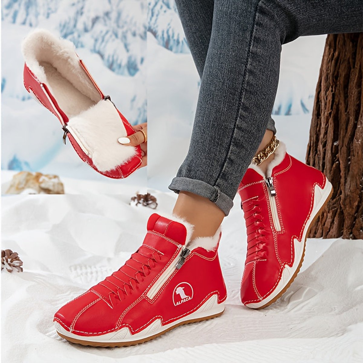 Women's Faux-Fur Lined Zip-Up Winter Ankle Boots - Red