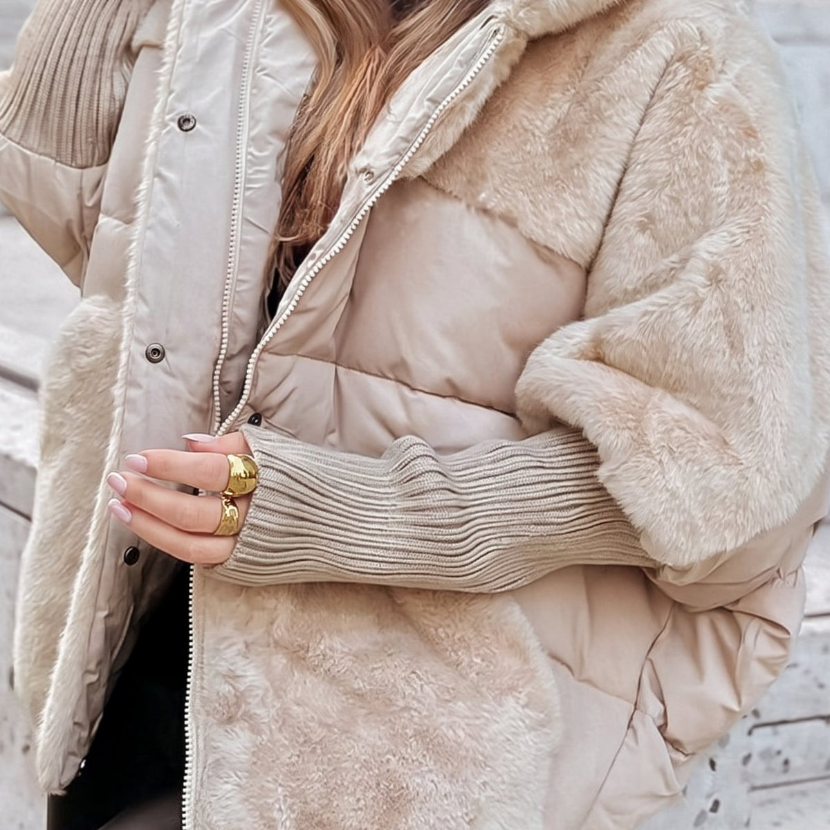 Women's Faux Fur Quilted Plush Hooded Coat - Beige