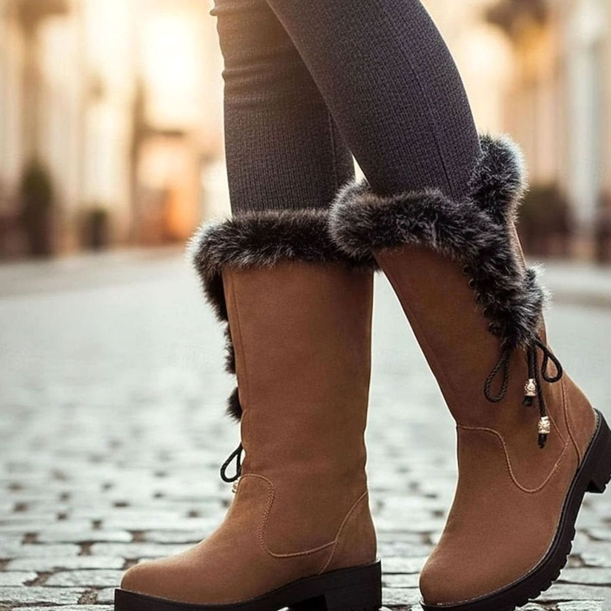 Women's Faux-Fur Trim Knee-High Suede Snow Boots Low Block Heel - Yellow