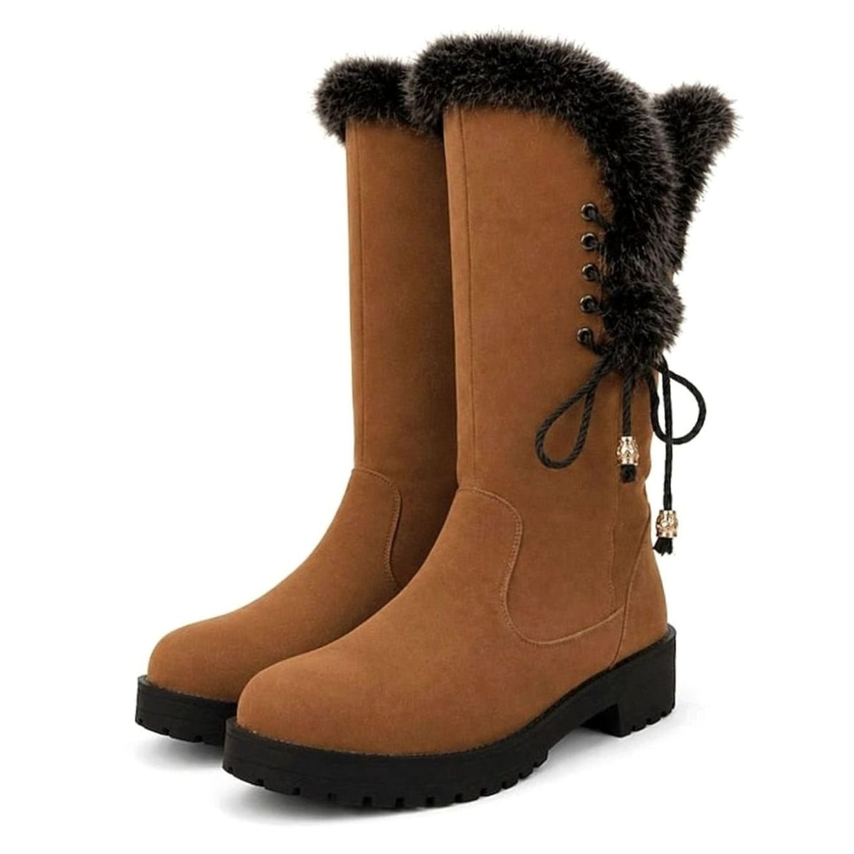 Women's Faux-Fur Trim Knee-High Suede Snow Boots Low Block Heel