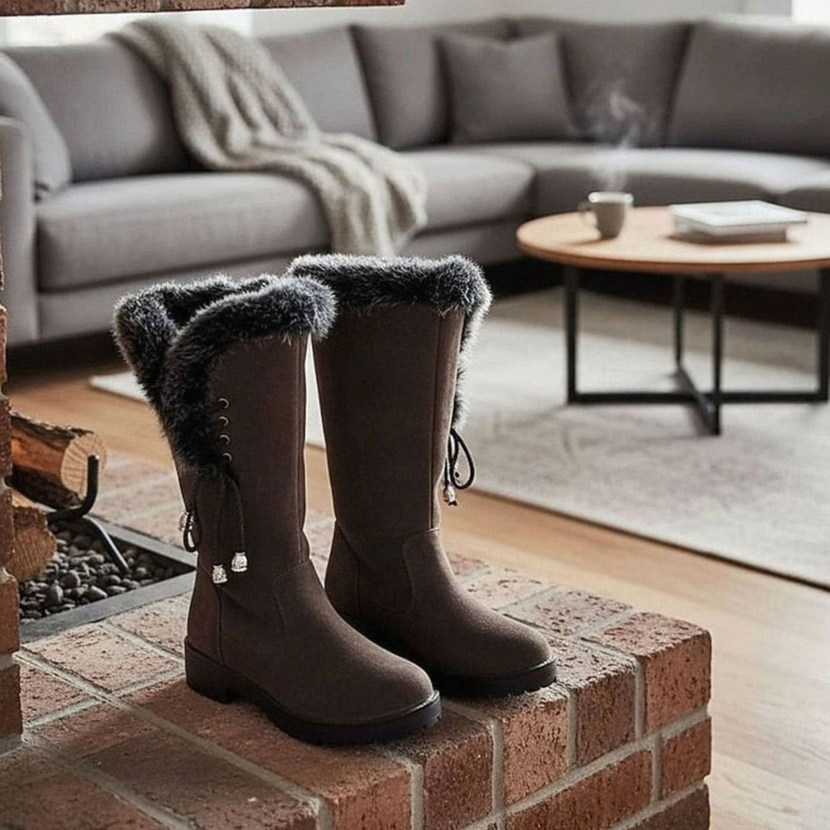 Women's Faux-Fur Trim Knee-High Suede Snow Boots Low Block Heel - Dark Brown