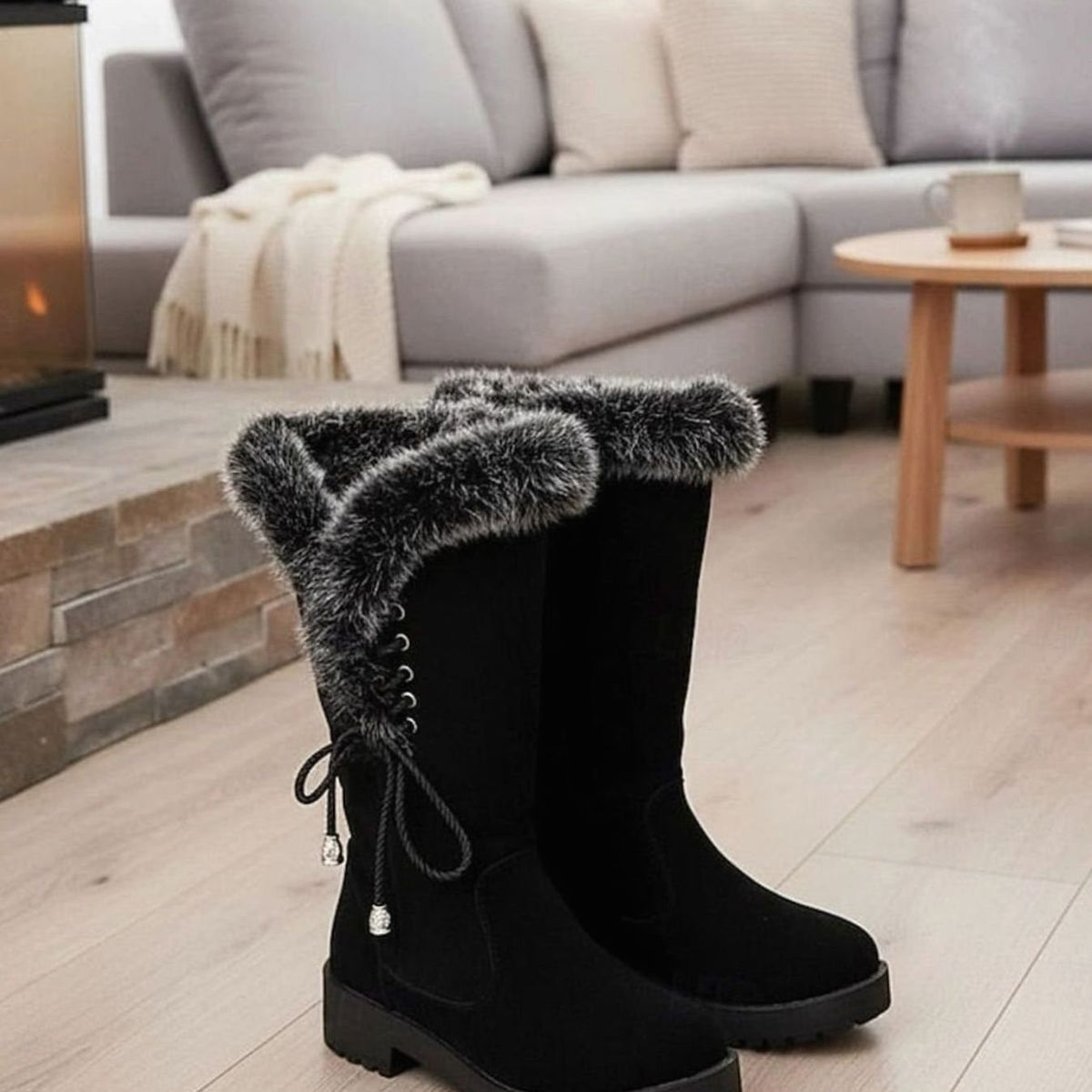 Women's Faux-Fur Trim Knee-High Suede Snow Boots Low Block Heel - Black