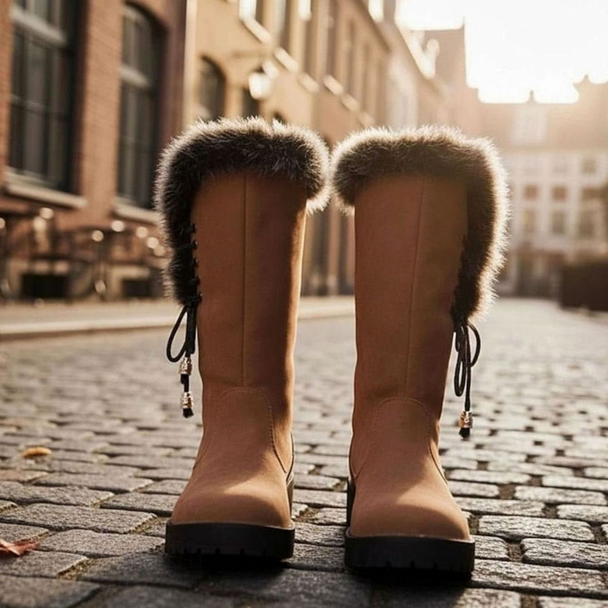 Women's Faux-Fur Trim Knee-High Suede Snow Boots Low Block Heel