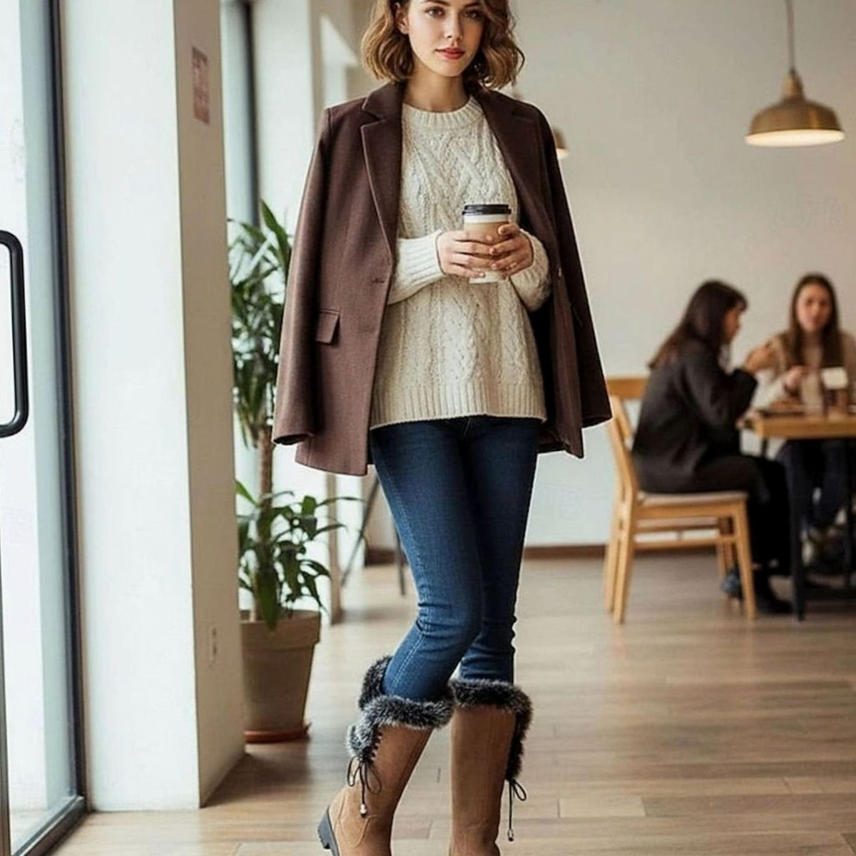 Women's Faux-Fur Trim Knee-High Suede Snow Boots Low Block Heel