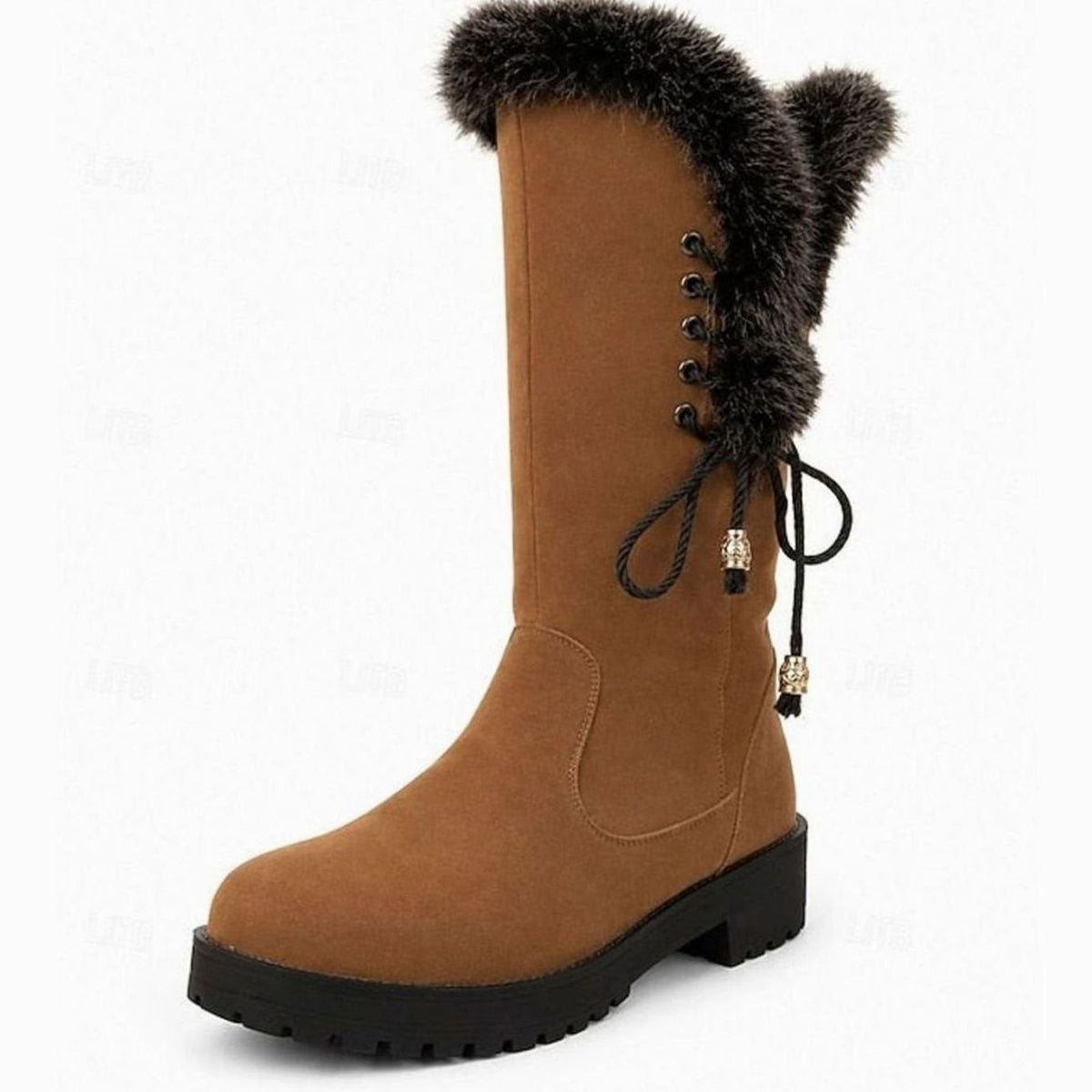 Women's Faux-Fur Trim Knee-High Suede Snow Boots Low Block Heel