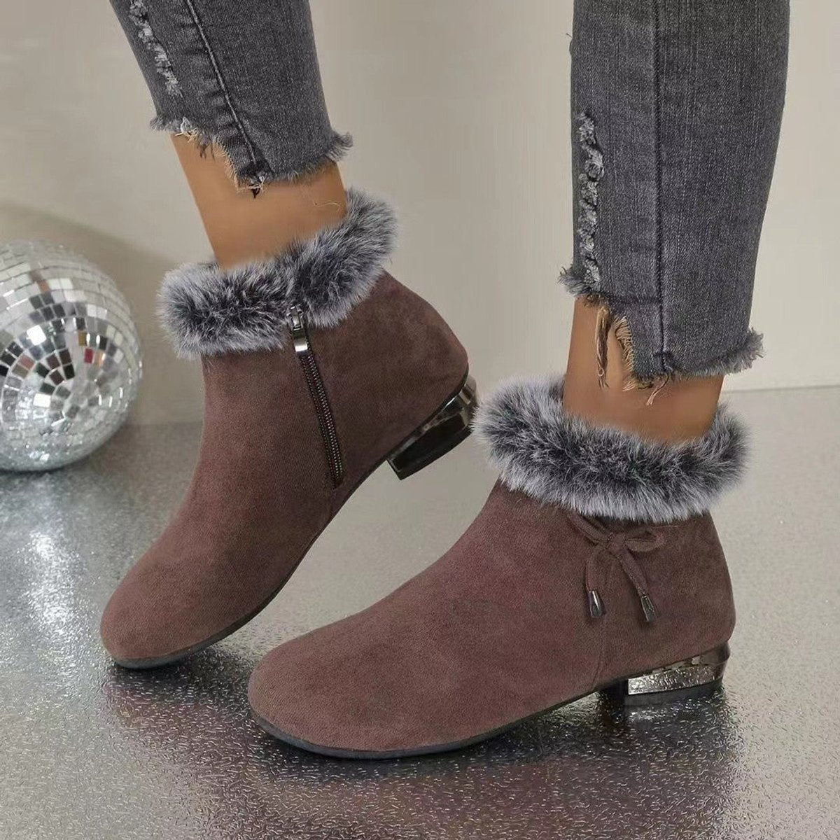 Women's Faux Fur-Trim Suede Flat Winter Ankle Boots - Brown