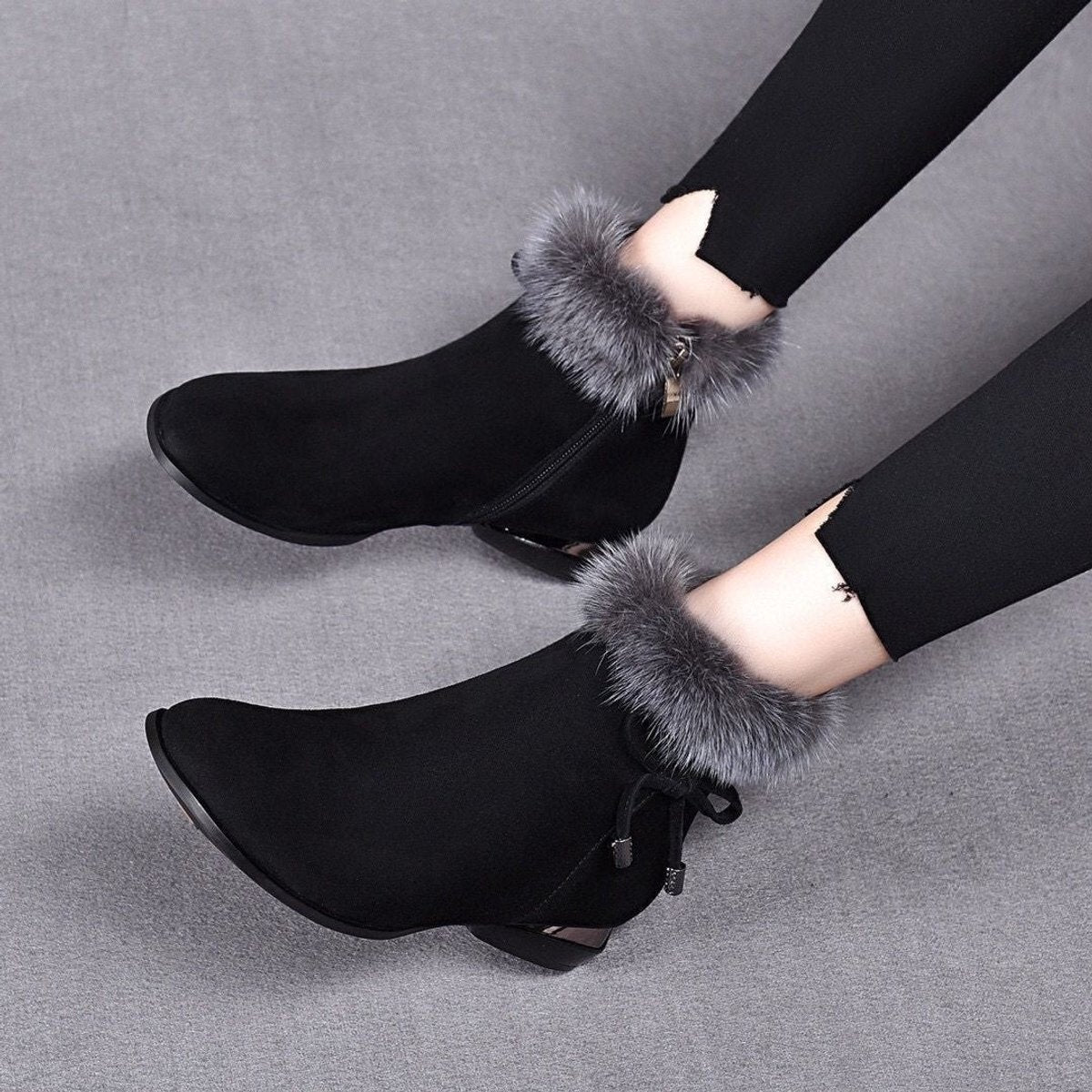 Women's Faux Fur-Trim Suede Flat Winter Ankle Boots - Black