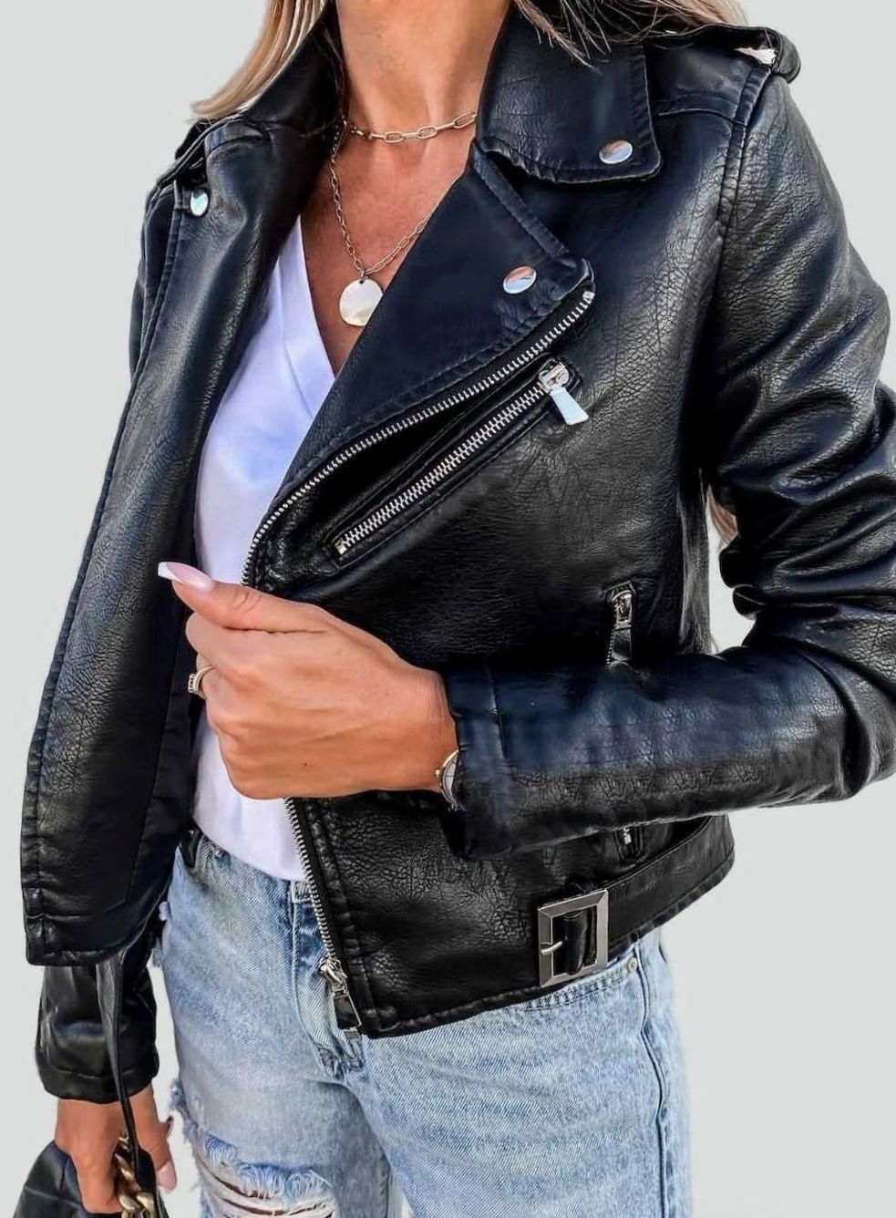 Women's Faux Leather Asymmetric Zip Moto Jacket, Black