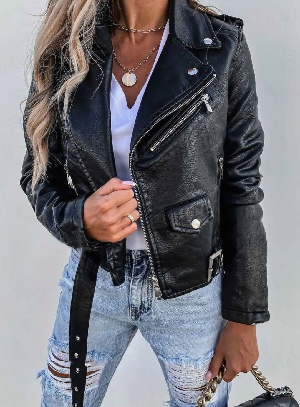 Women's Faux Leather Asymmetric Zip Moto Jacket, Black - Black
