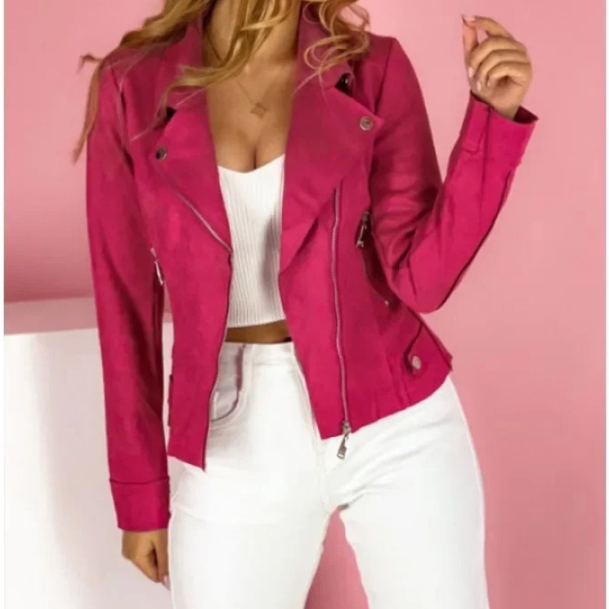 Women's Faux Leather Biker Jacket Convertible Collar Zip-Up