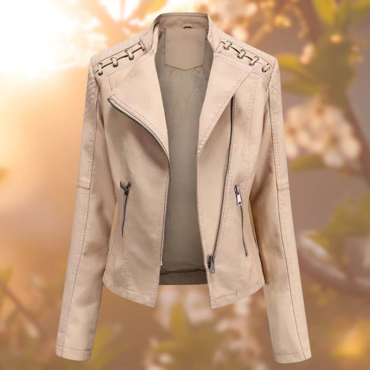Women's Faux Leather Biker Jacket Zip-Up Moto Style - Khaki