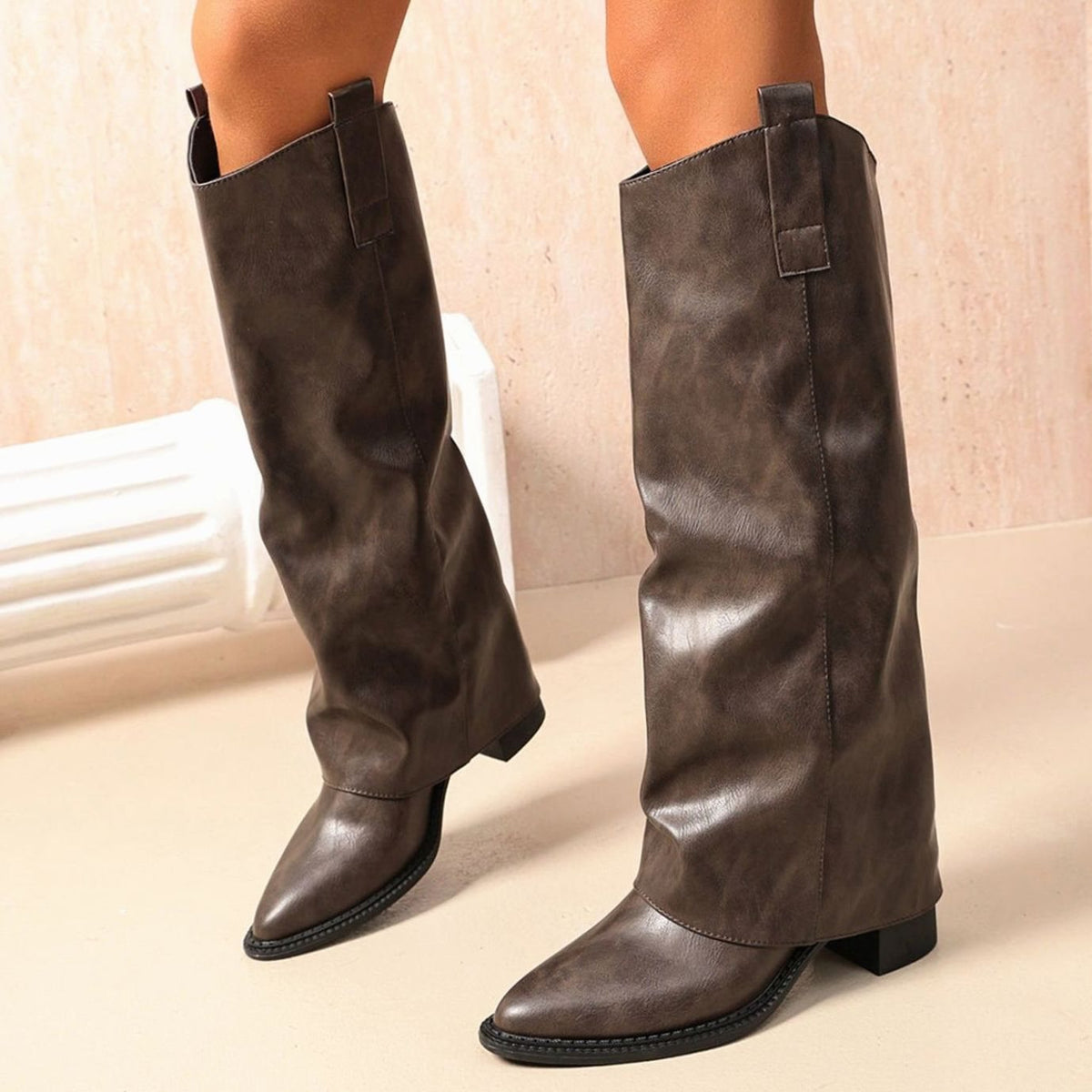 Women's Faux Leather Knee-High Slip-On Block Heel Boots