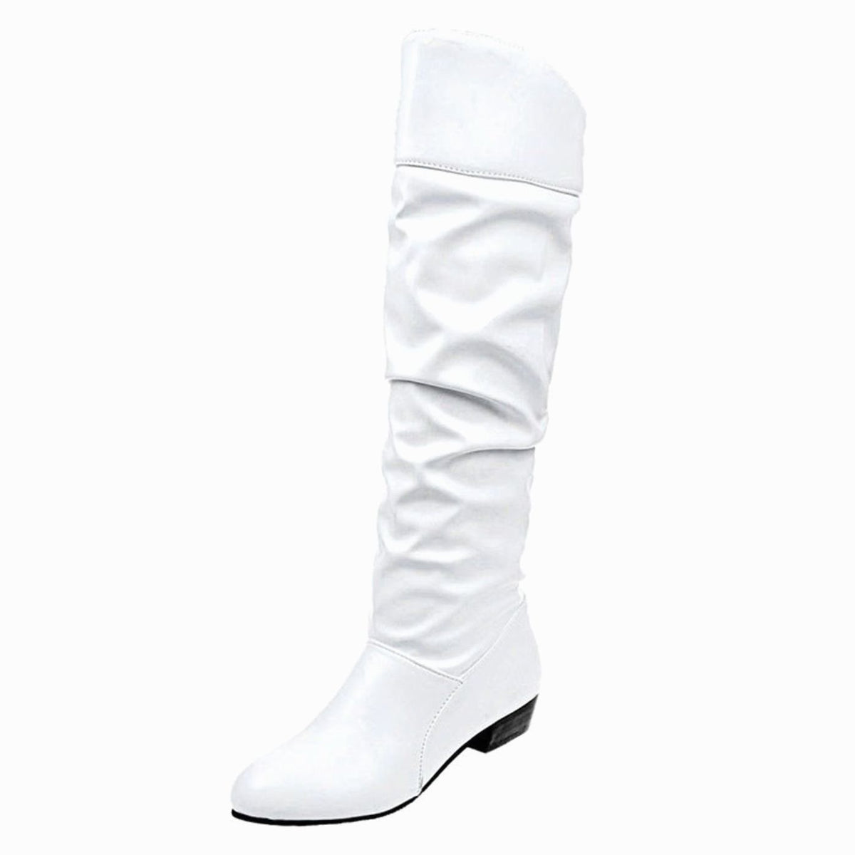Women's Faux Leather Slouch Knee High Boots Low Block Heel - White (Low Heel)
