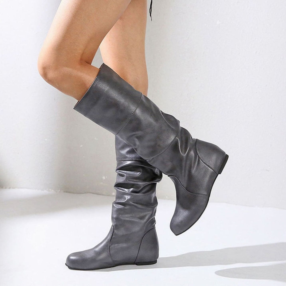 Women's Faux Leather Slouch Knee High Boots Low Block Heel - Grey (Flat Sole)