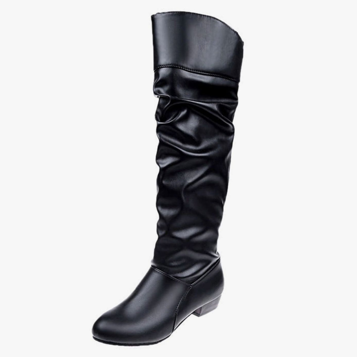 Women's Faux Leather Slouch Knee High Boots Low Block Heel - Black (Low Heel)