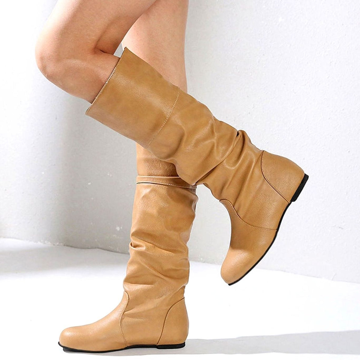 Women's Faux Leather Slouch Knee High Boots Low Block Heel - Khaki (Flat)