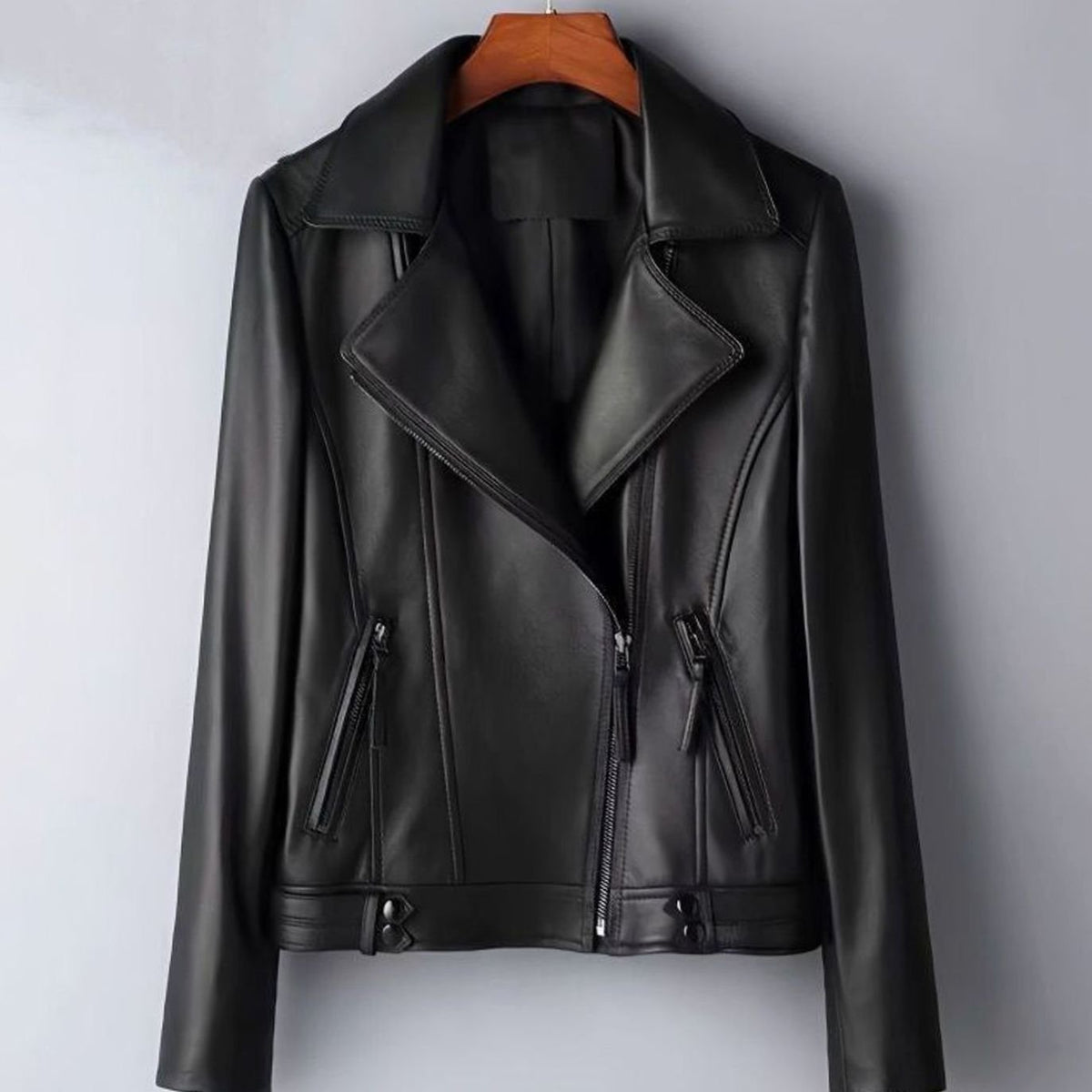 Women's Faux Leather Zip-Up Biker Jacket Structured Feminine Fit - Black
