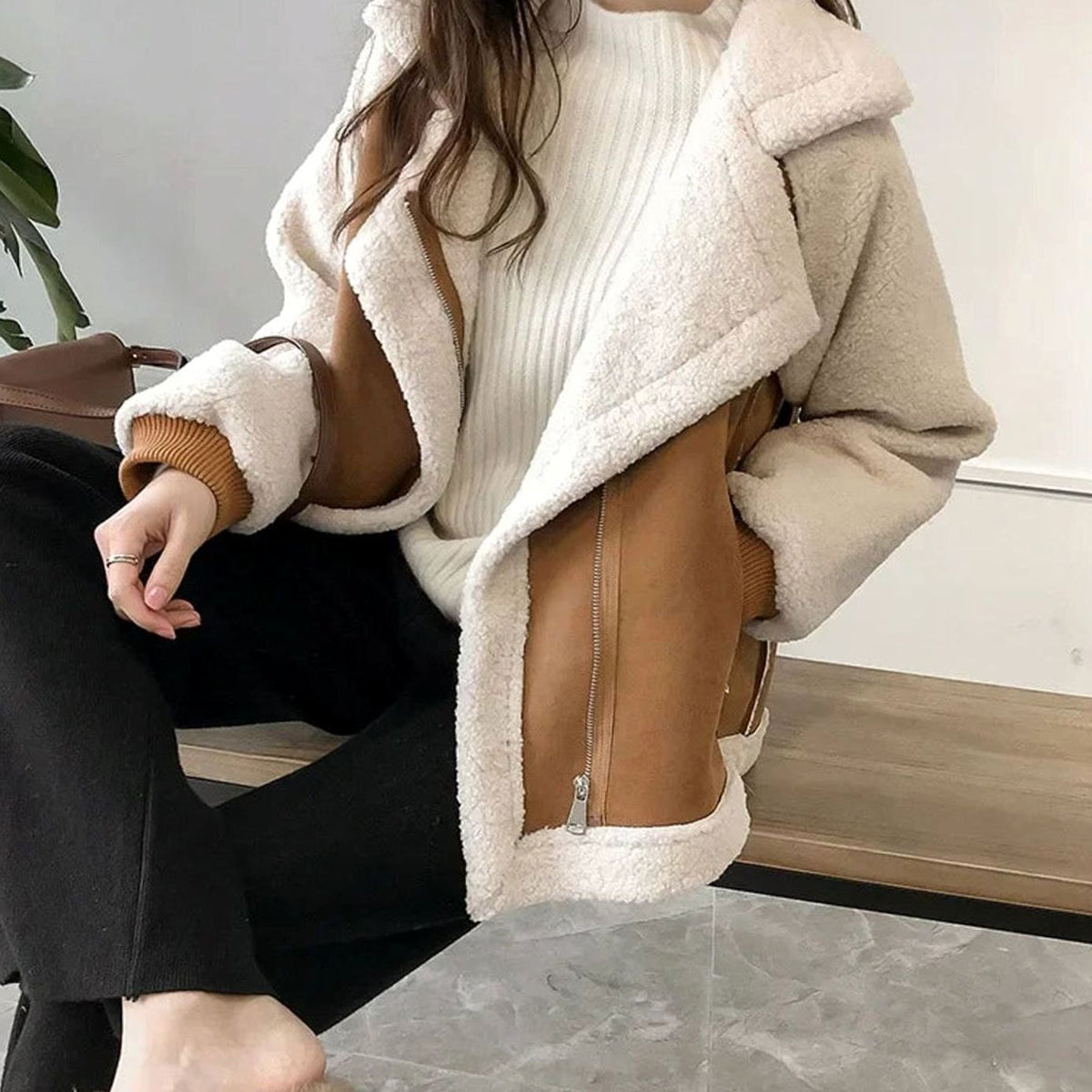 Women's Faux Shearling Suede-Finish Biker Teddy Coat Jacket