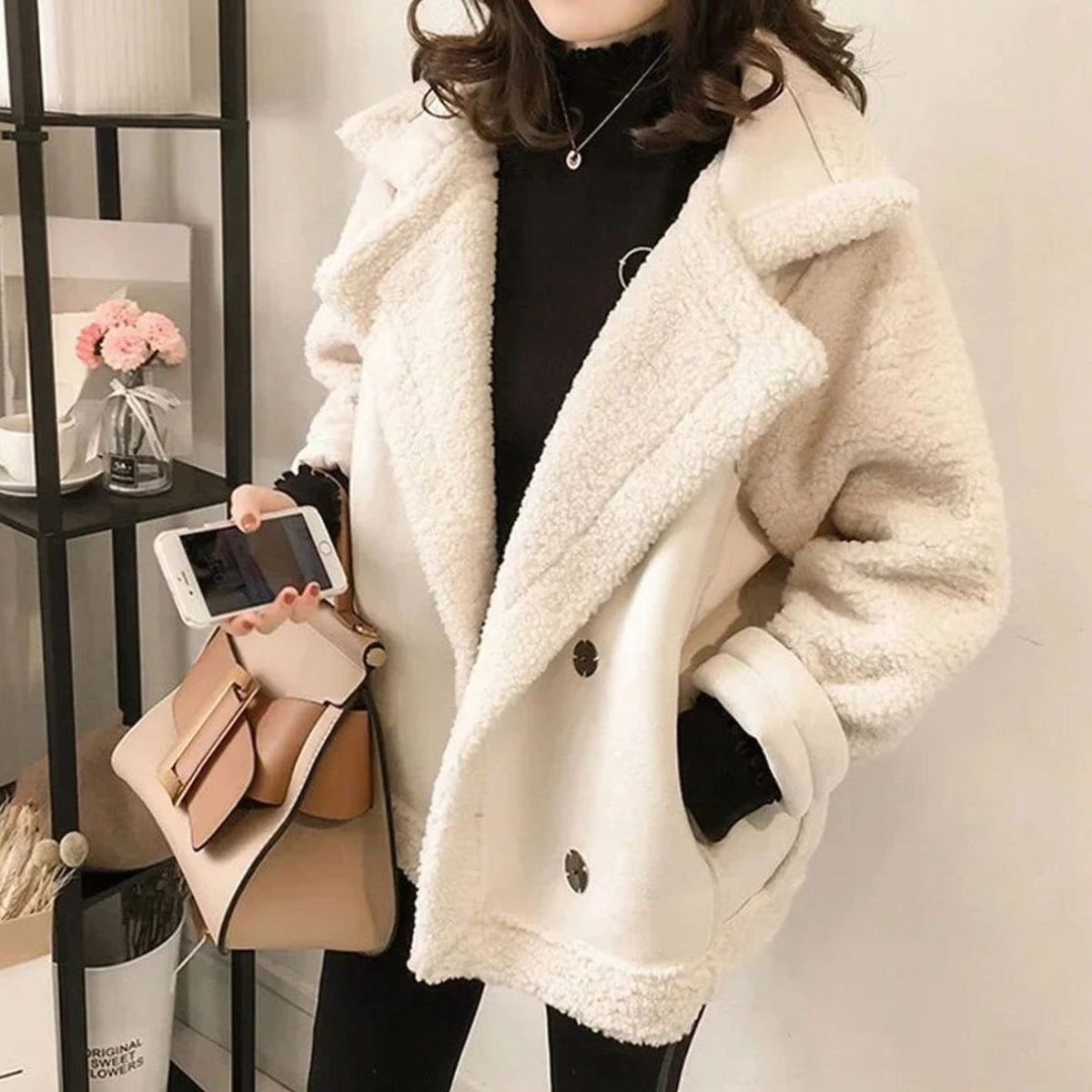 Women's Faux Shearling Suede-Finish Biker Teddy Coat Jacket - Ivory