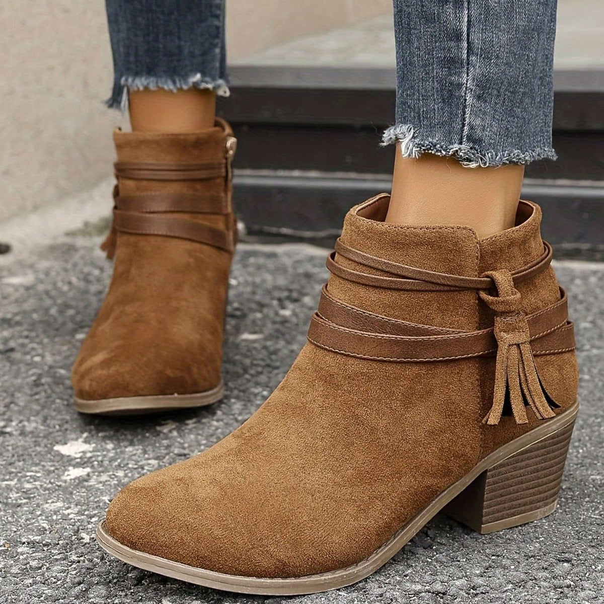 Women's Faux-Suede Block Heel Tassel Strap Ankle Boots