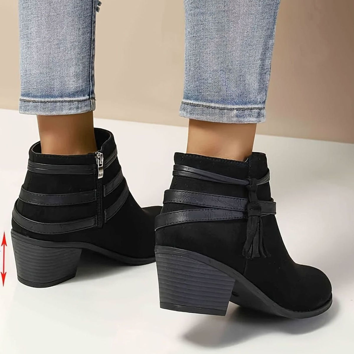Women's Faux-Suede Block Heel Tassel Strap Ankle Boots