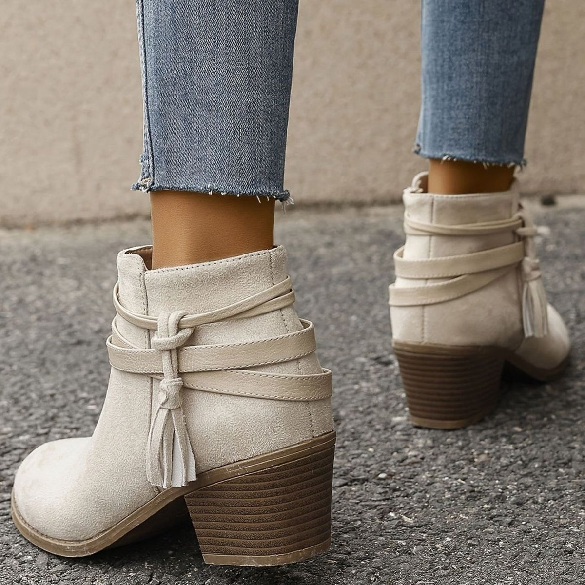 Women's Faux-Suede Block Heel Tassel Strap Ankle Boots