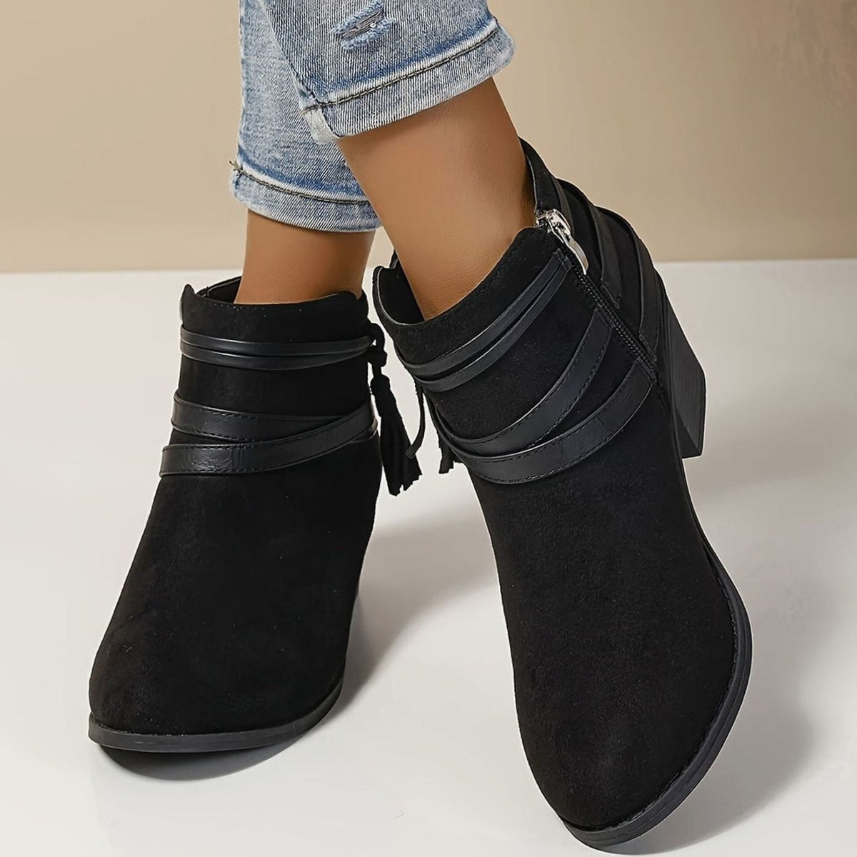 Women's Faux-Suede Block Heel Tassel Strap Ankle Boots