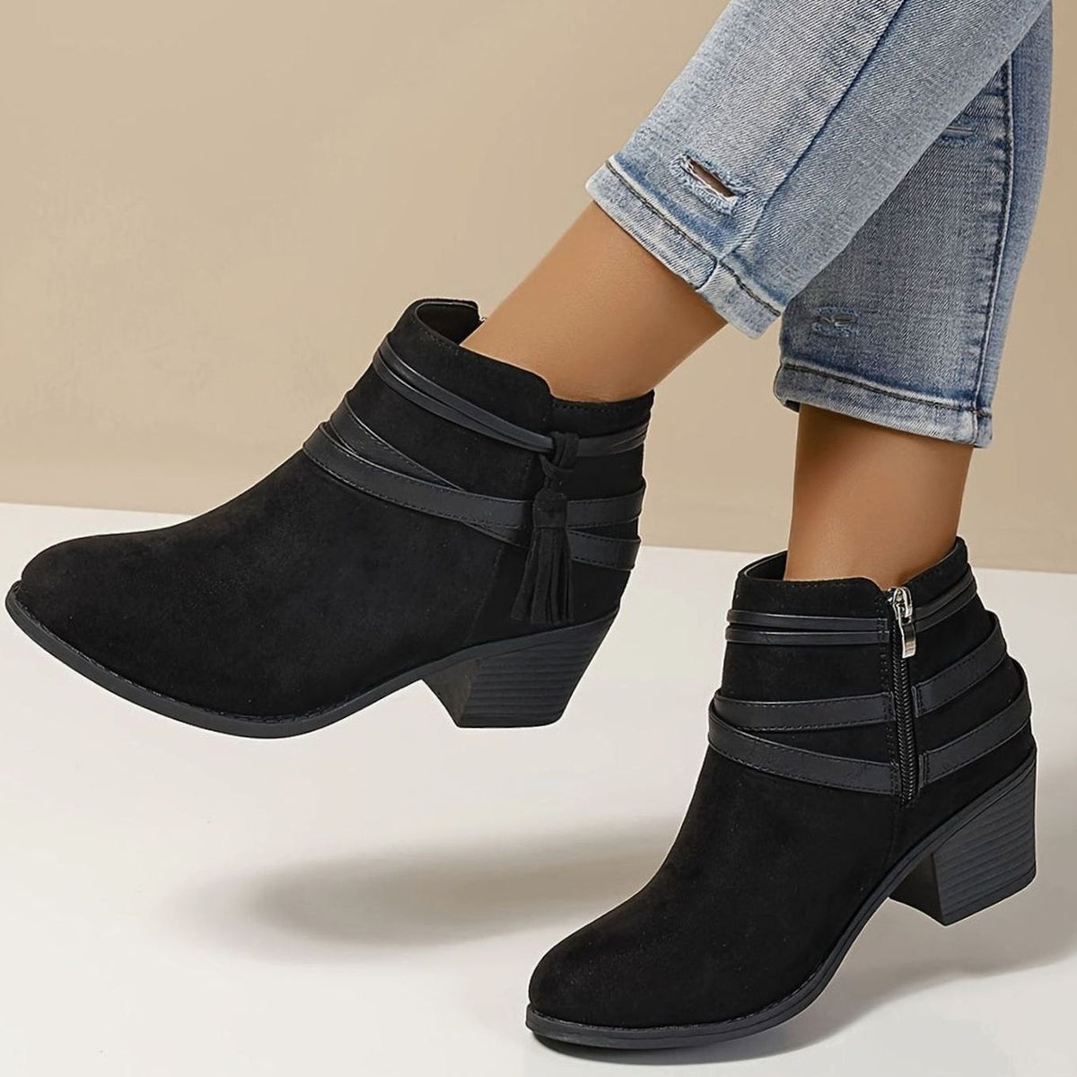 Women's Faux-Suede Block Heel Tassel Strap Ankle Boots - Black