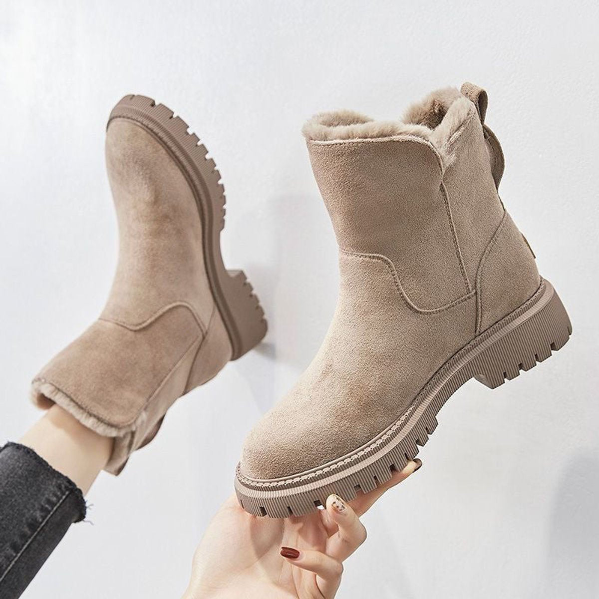 Women's Faux Suede Fleece-Lined Slip-On Winter Ankle Boots - Beige