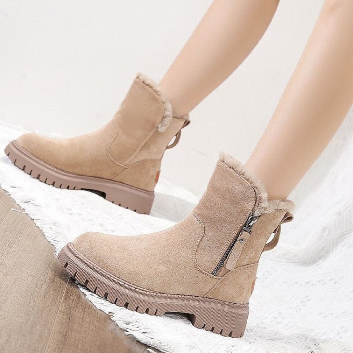 Women's Faux Suede Fleece-Lined Slip-On Winter Ankle Boots