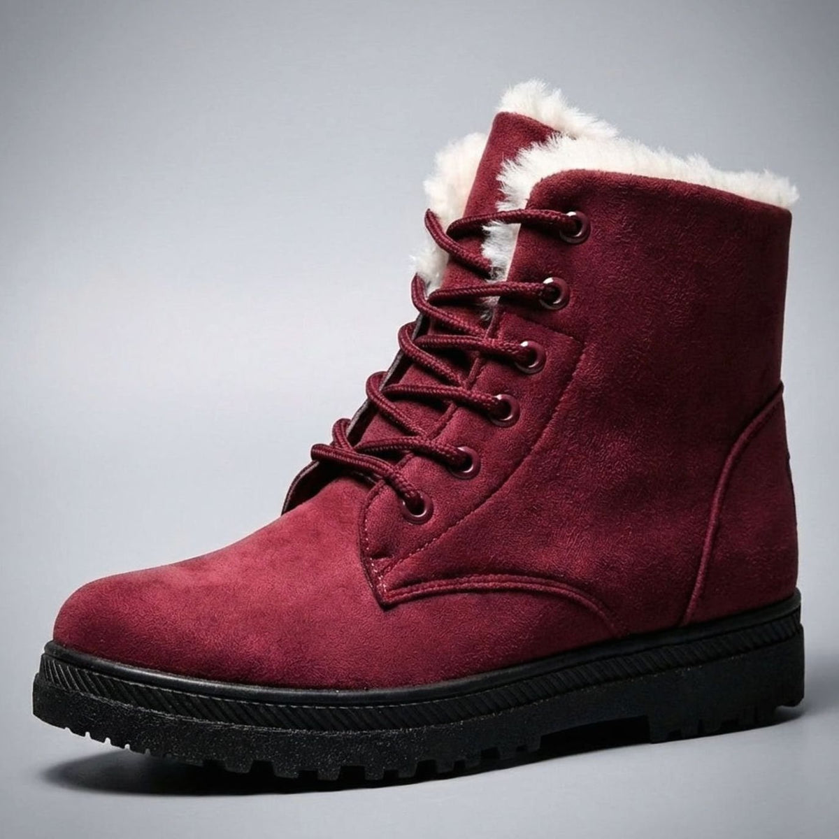 Women's Faux-Suede Fur-Lined Lace-Up Winter Ankle Boots - Red