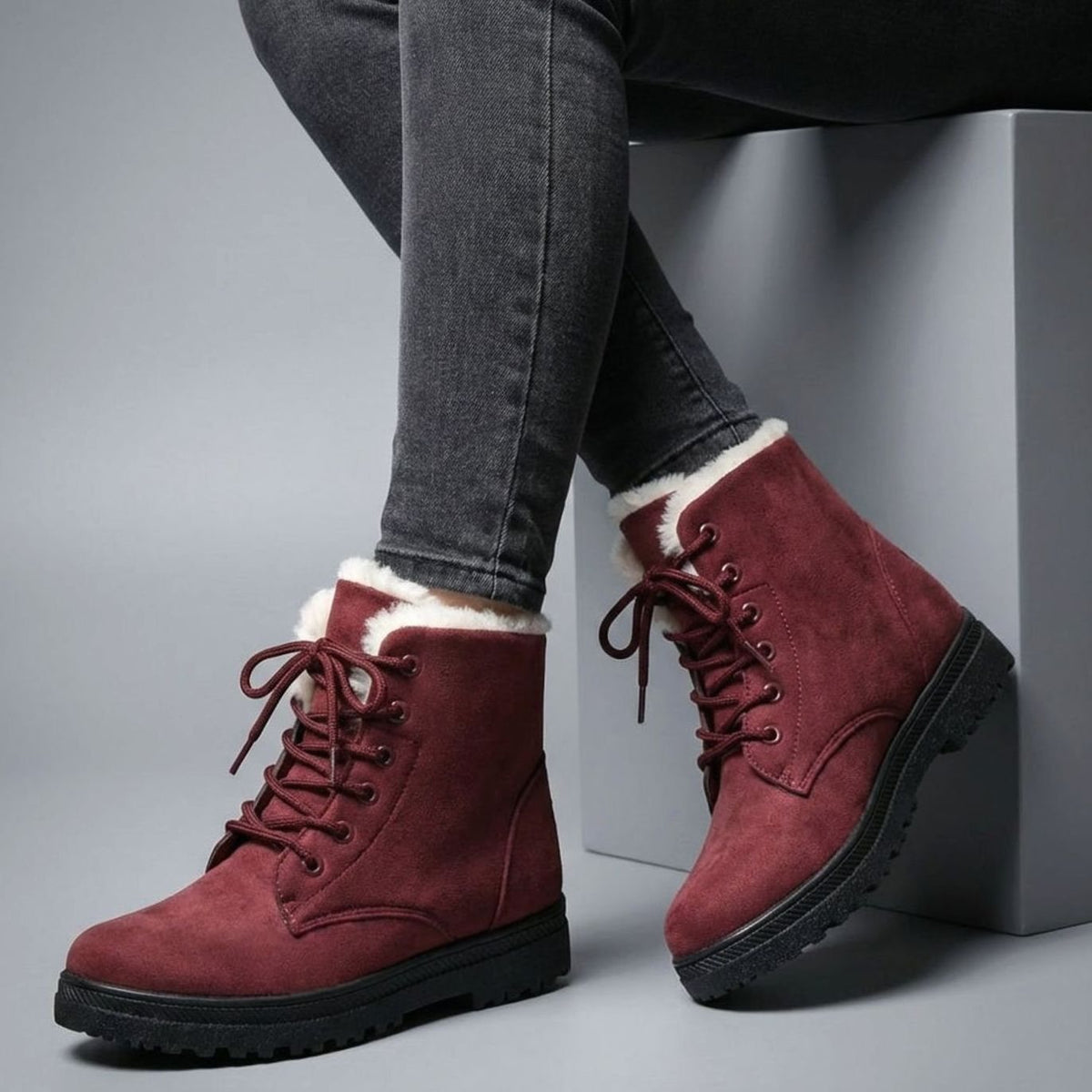 Women's Faux-Suede Fur-Lined Lace-Up Winter Ankle Boots