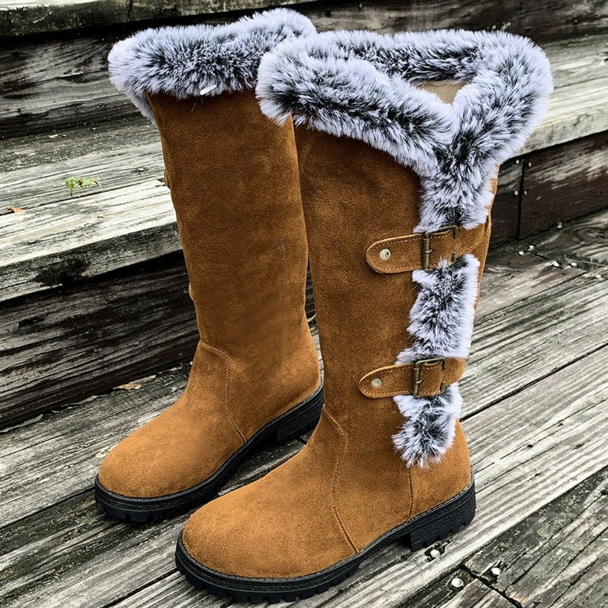 Women's Faux Suede Fur-Trim Buckle Knee High Boots