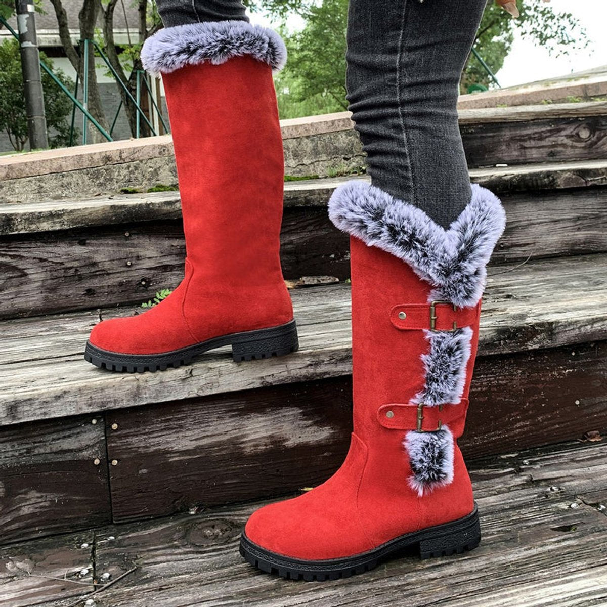 Women's Faux Suede Fur-Trim Buckle Knee High Boots