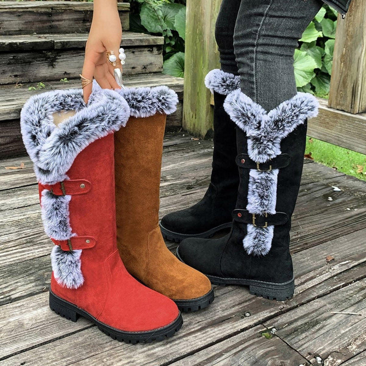 Women's Faux Suede Fur-Trim Buckle Knee High Boots
