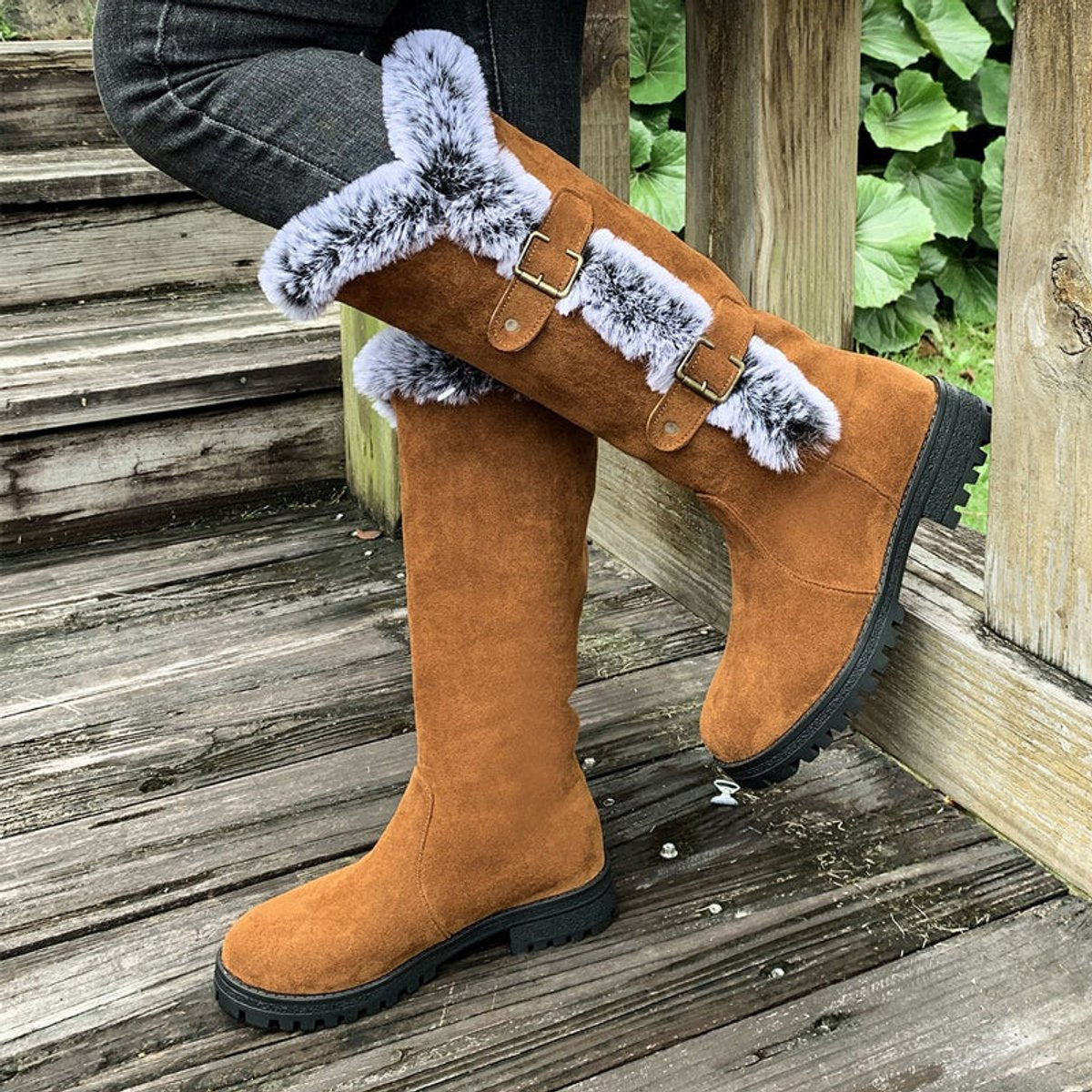 Women's Faux Suede Fur-Trim Buckle Knee High Boots - Light Brown