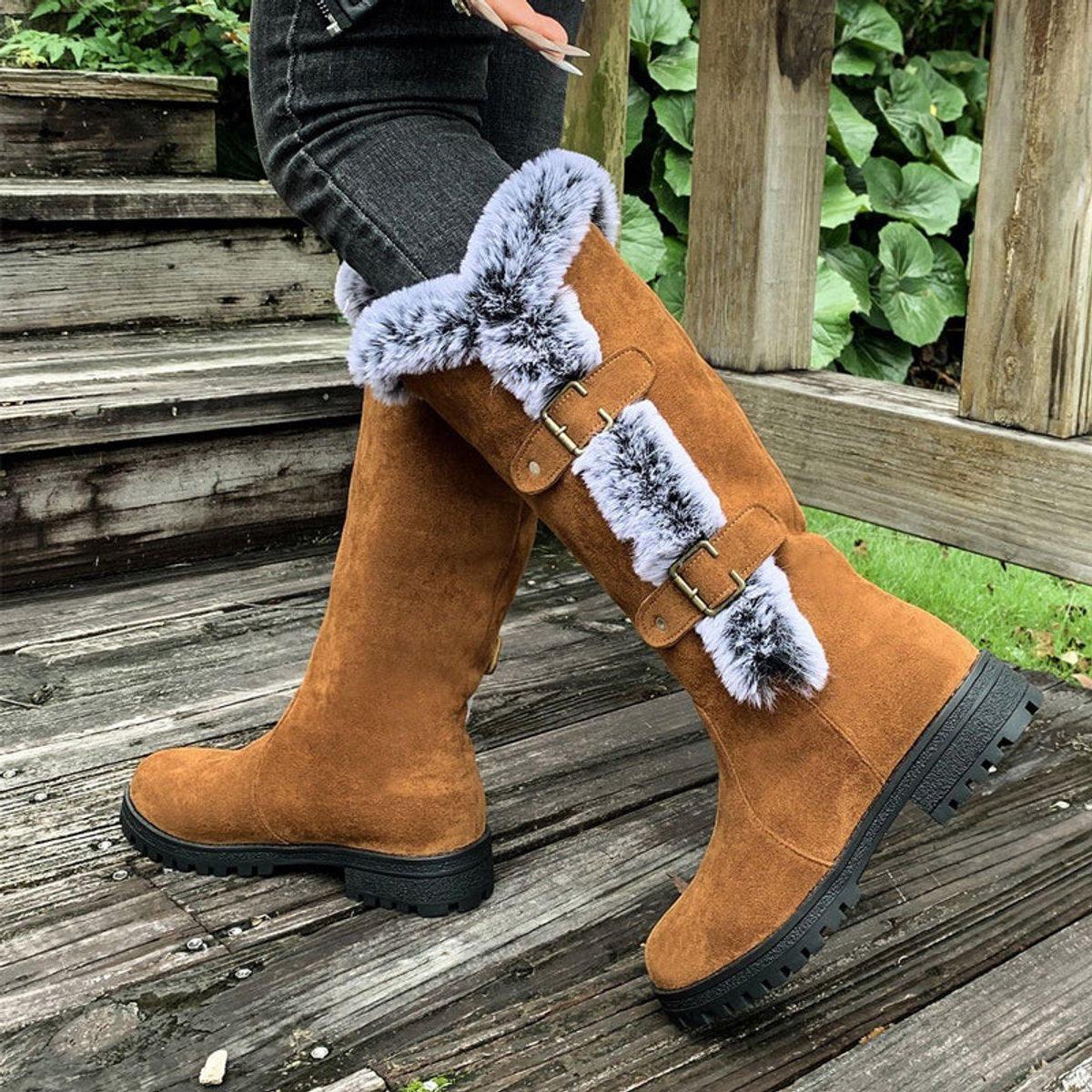 Women's Faux Suede Fur-Trim Buckle Knee High Boots