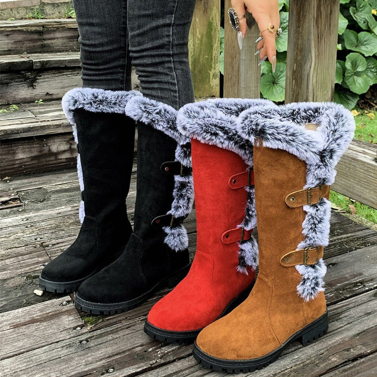 Women's Faux Suede Fur-Trim Buckle Knee High Boots