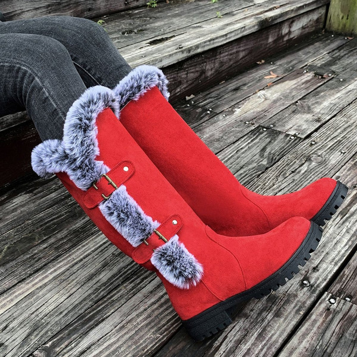 Women's Faux Suede Fur-Trim Buckle Knee High Boots