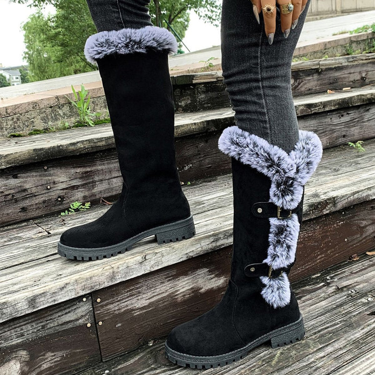 Women's Faux Suede Fur-Trim Buckle Knee High Boots