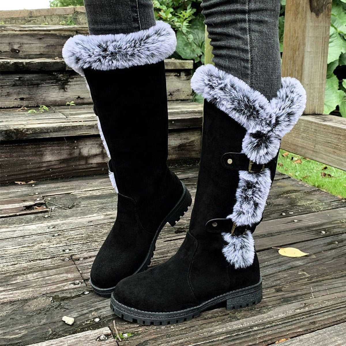 Women's Faux Suede Fur-Trim Buckle Knee High Boots - Black