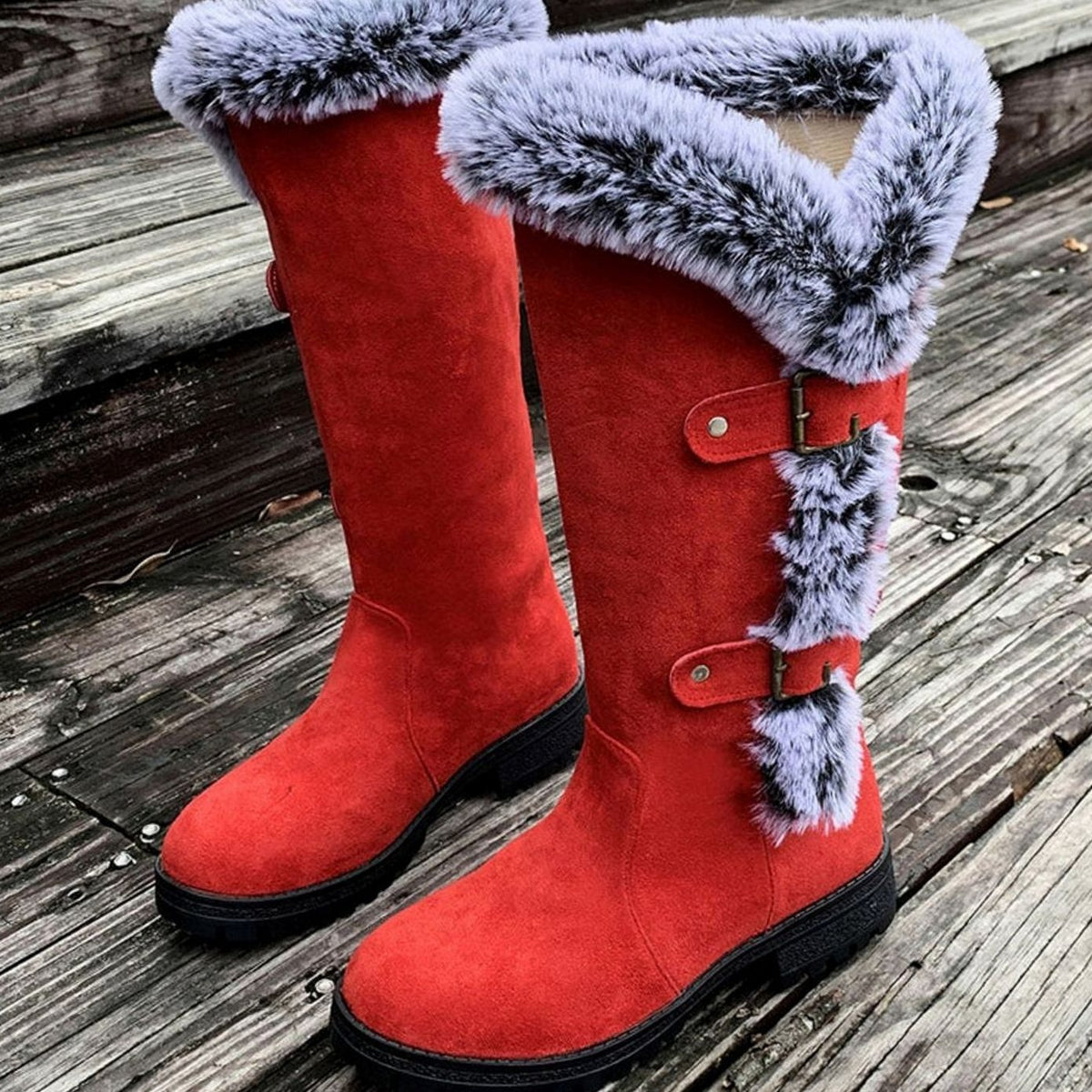 Women's Faux Suede Plush-Lined Buckle Knee High Boots - Red