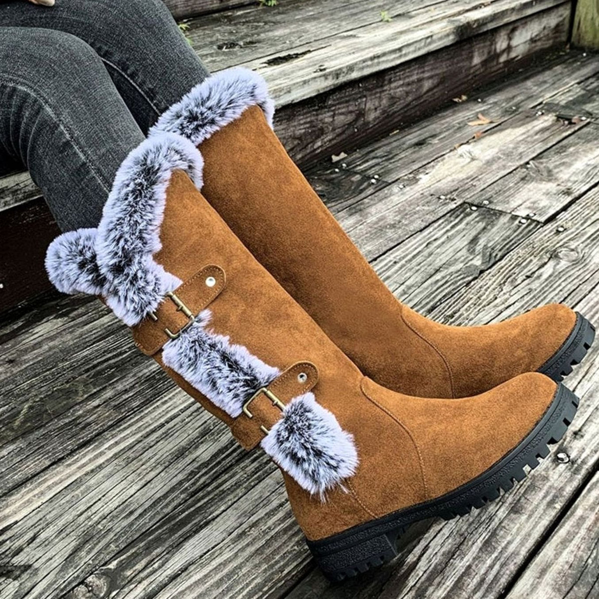 Women's Faux Suede Plush-Lined Buckle Knee High Boots